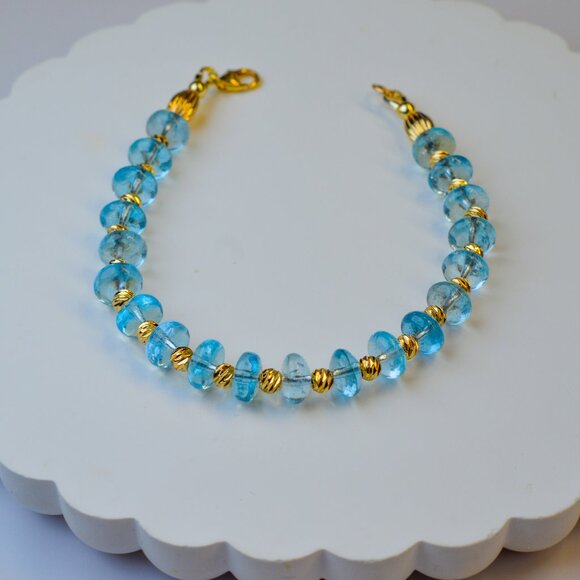 Aquamarine Bracelet  6.5" Gold Filled High Quality Rondelle Beaded Bracelet - Picture 4 of 8